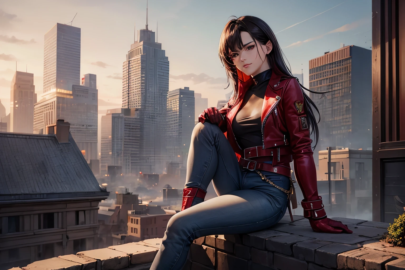 (highly quality, work of art, detailded), burning city detailded scenario, burning city detailded background, gray jeans, waist belt, red leather jacket, mitts, Phoenix symbol on chest, red leather pants, sitting on top of a building, へそ, face perfect, gorgeous eyes, gazing at viewer, pose sexy