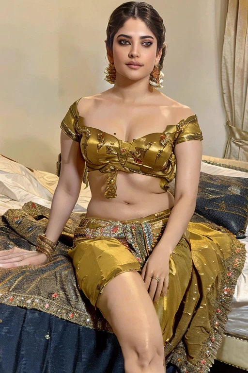 Neelam muneer in scrappy shimmery saree showing off long shapely legs, prominent collarbone, barefoot, full shot, reclining on bed