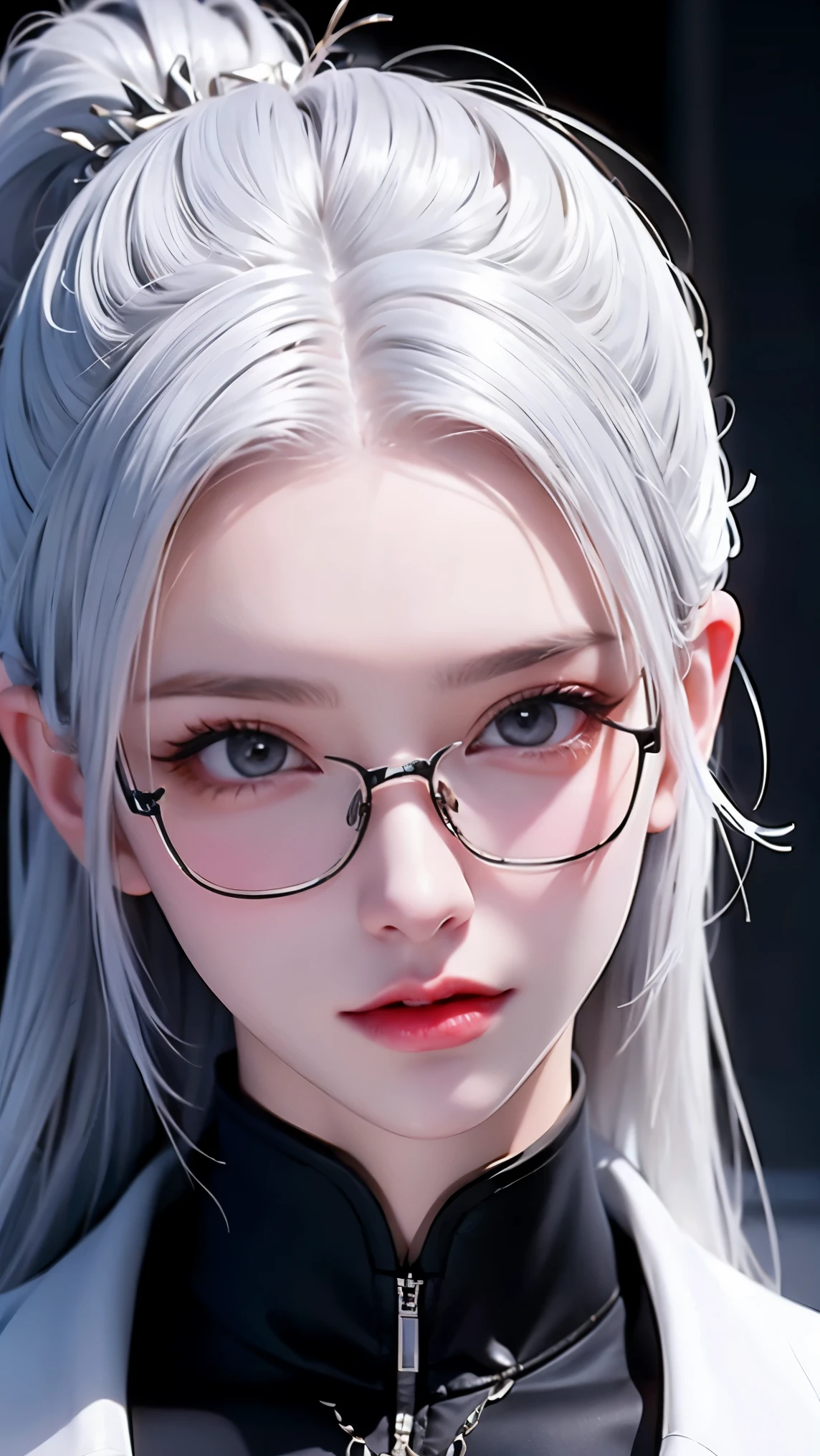 Domineering female CEO，Slim，White hair，长White hair，Lying in bed，Full body portrait，Black pantyhose，（Top view），Close-up，wear glasses，Wearing a black suit，Short skirt