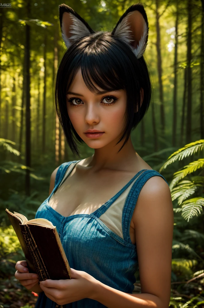A anime girl with short black hair, fox ears, and a flat chest, wearing damaged clothes, in a forest setting, holding a spell book and casting a magic spell, (best quality,4k,8k,highres,masterpiece:1.2),ultra-detailed,(realistic,photorealistic,photo-realistic:1.37),detailed eyes,detailed lips,extremely detailed face,long eyelashes,fantasy,magical realism,vibrant colors,dramatic lighting,cinematic composition