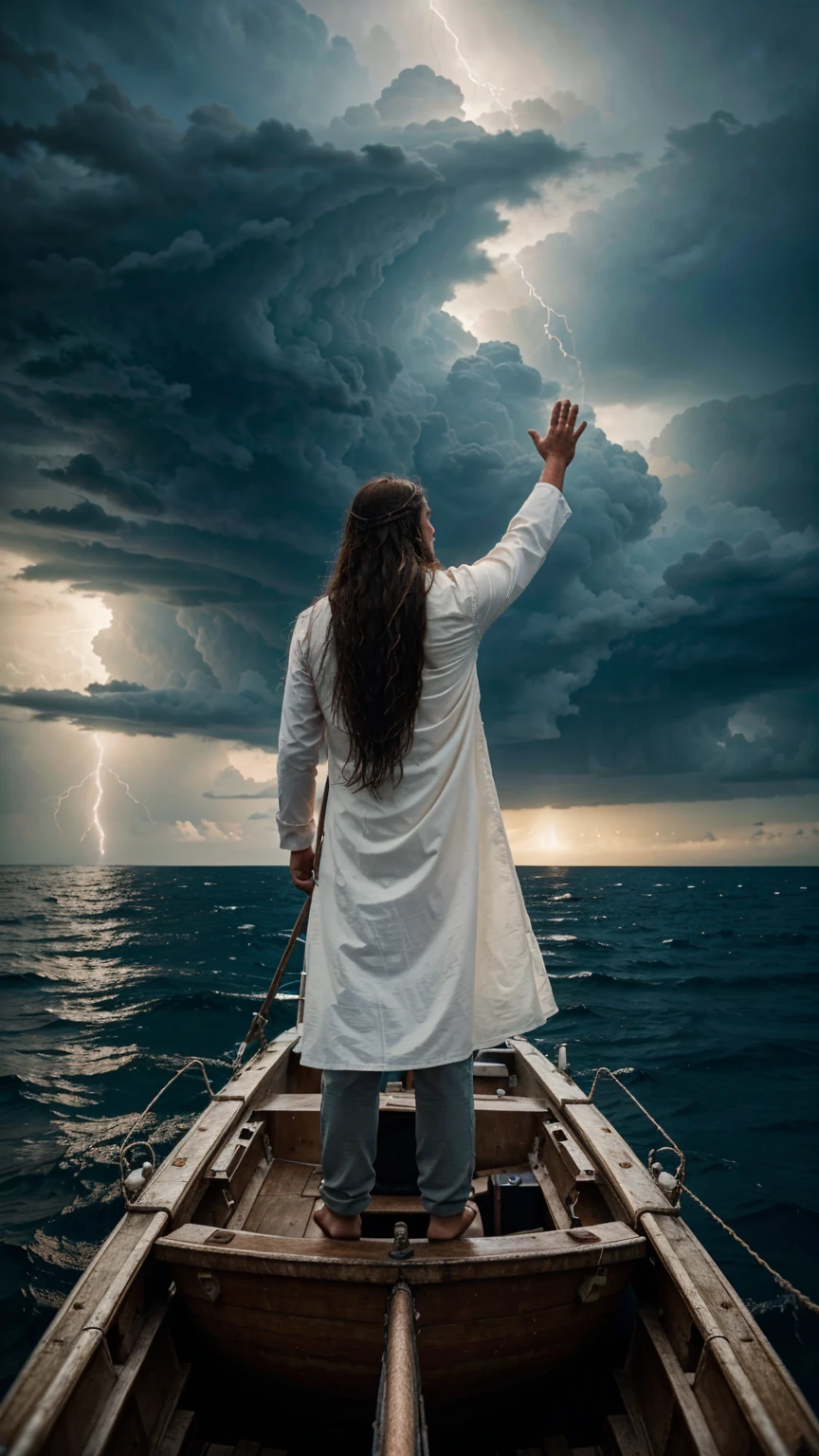 A pious man with long hair is standing on a boat with both hands raised above the sea. The sky is covered with dark clouds.back view,back view,Hyper-realistic photography, gentle soft natural lightning, real photo,Cinematic style,realistic environment,low contrast, 32k resolution , highly detailed, realistic dress. Ultrarealistic water, hills