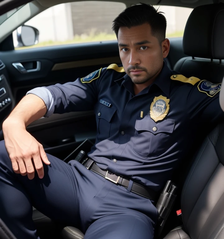 40 years old,One Man,、American　police、Inside the car。Squat with your legs wide apart、Hold a gun,logic,Gay ,Very short hair,Stubble,Cool handsome guy、The crotch area is bulging