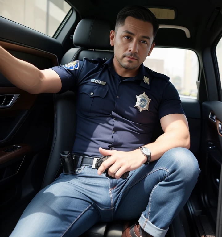 40 years old,One Man,、American　police、Inside the car。Squat with your legs wide apart、Hold a gun,logic,Gay ,Very short hair,Stubble,Cool handsome guy、The crotch area is bulging