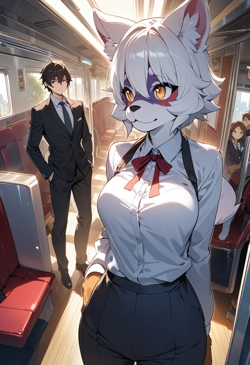 novel illustration, cover page, highres, top quality, best quality, paid reward available, unparalleled masterpiece, perfect artwork, absurdres, High-quality illustrations, super high resolution, detailed background, perfect anatomy(kemono, furry anthro, boys, girls)train interior, salary, suits, student, standing, sitting, Tyndall phenomenon, good lighting, cinematic shadowdynamic angle,