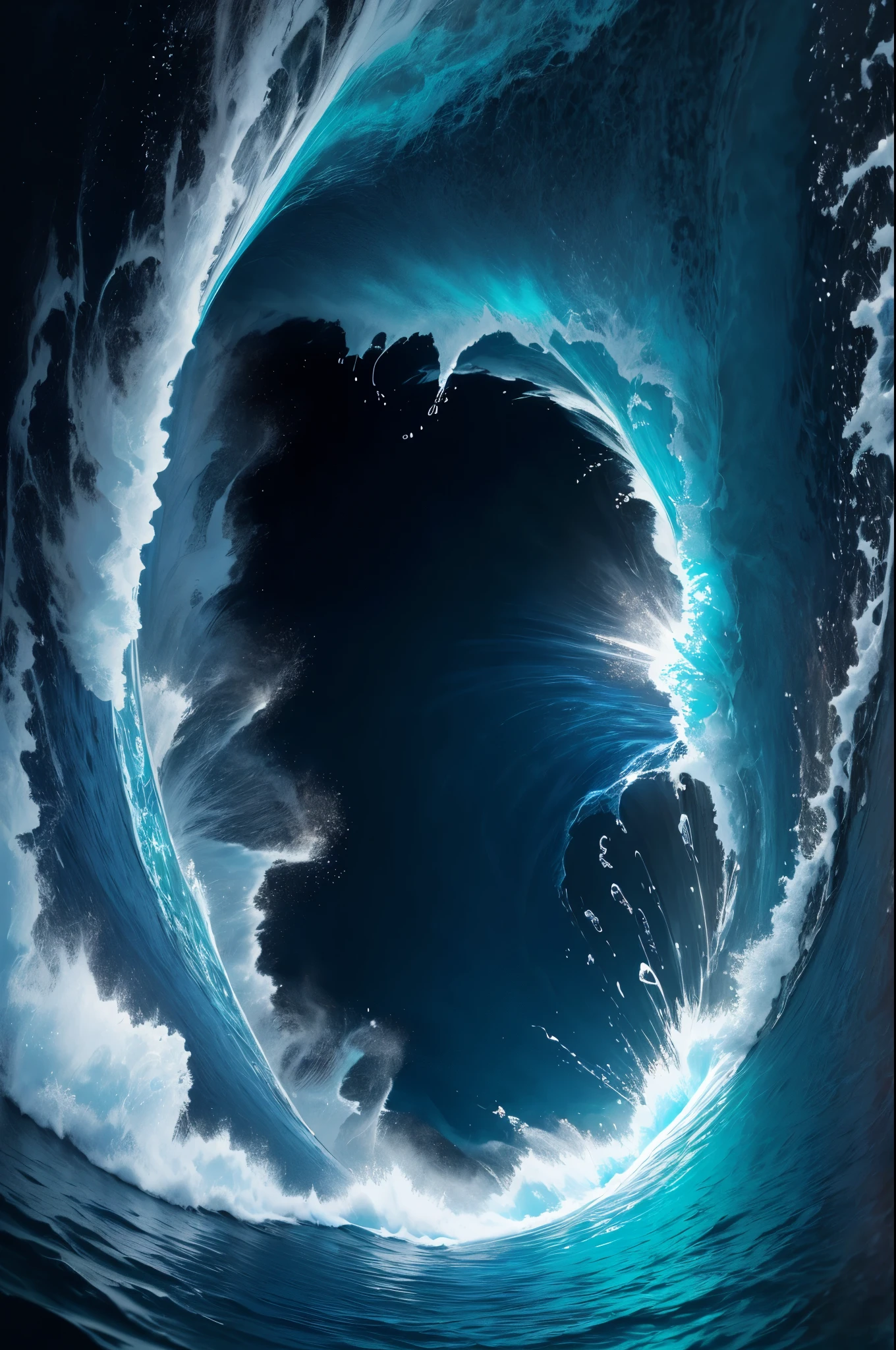 A great collapsing ocean, shades of blue, feeling of depth, choppy water. It is possible to observe a face forming