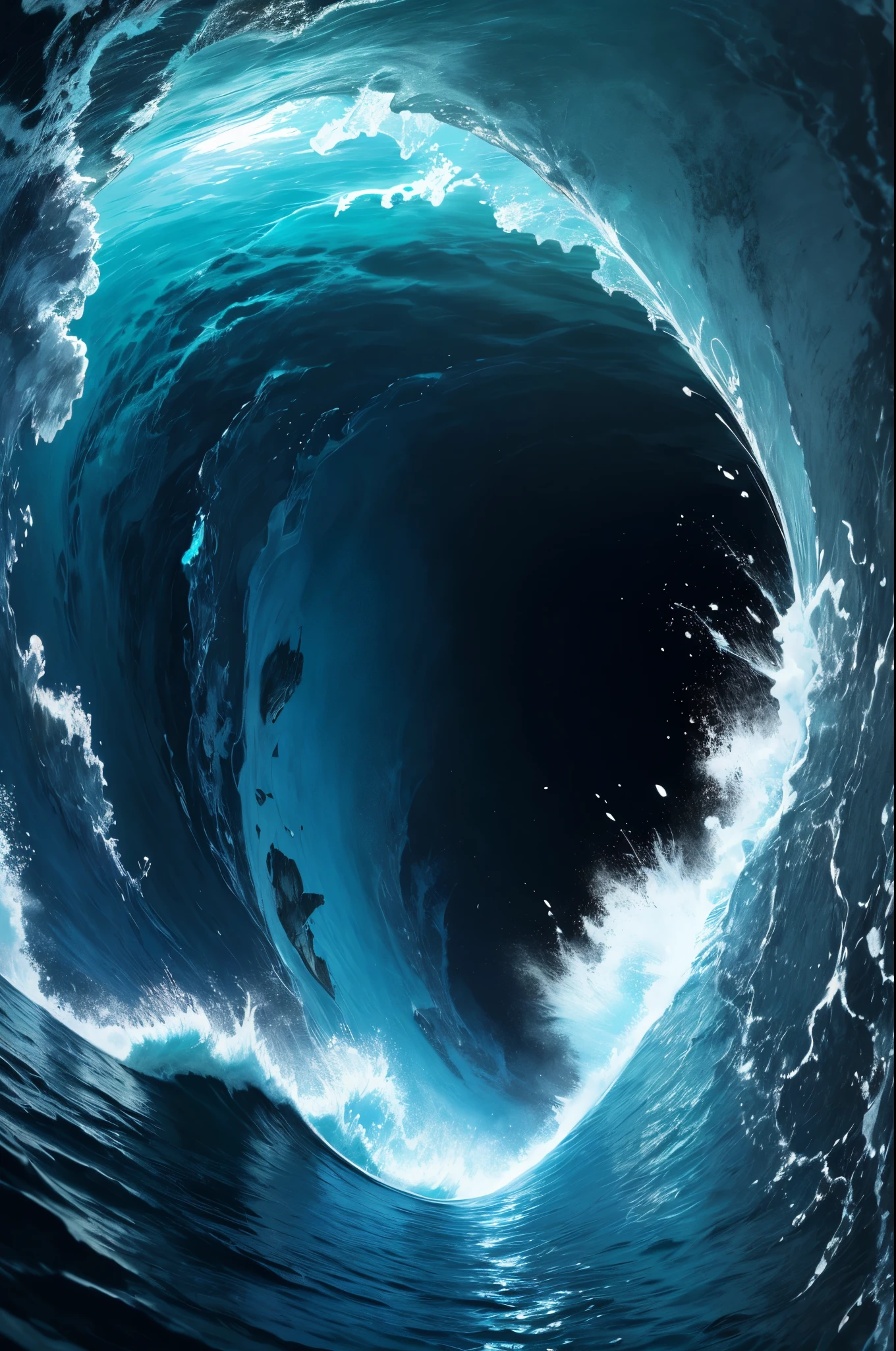 A great collapsing ocean, shades of blue, feeling of depth, choppy water. It is possible to observe a face forming