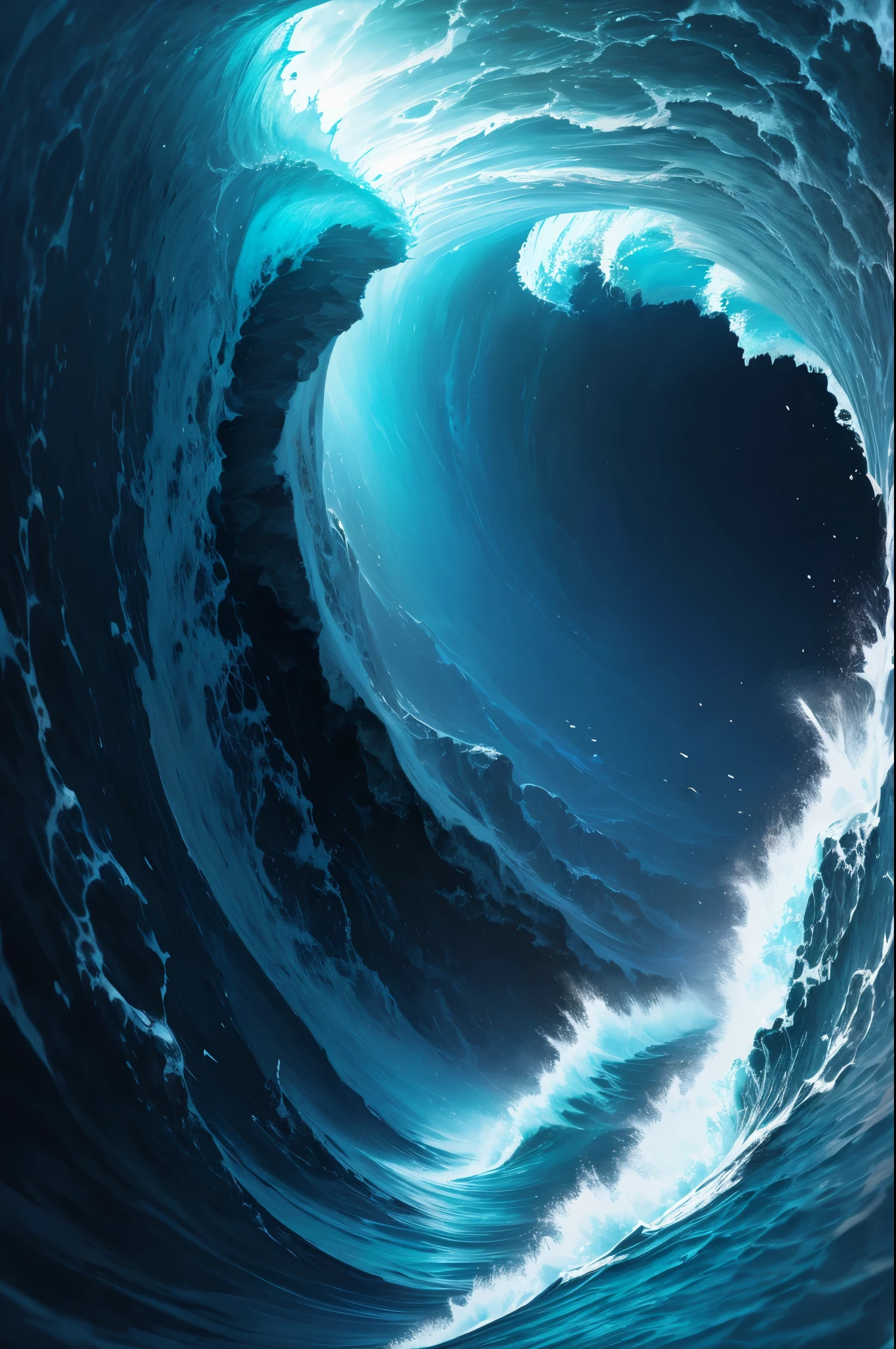 A great collapsing ocean, shades of blue, feeling of depth, choppy water. It is possible to observe a face forming