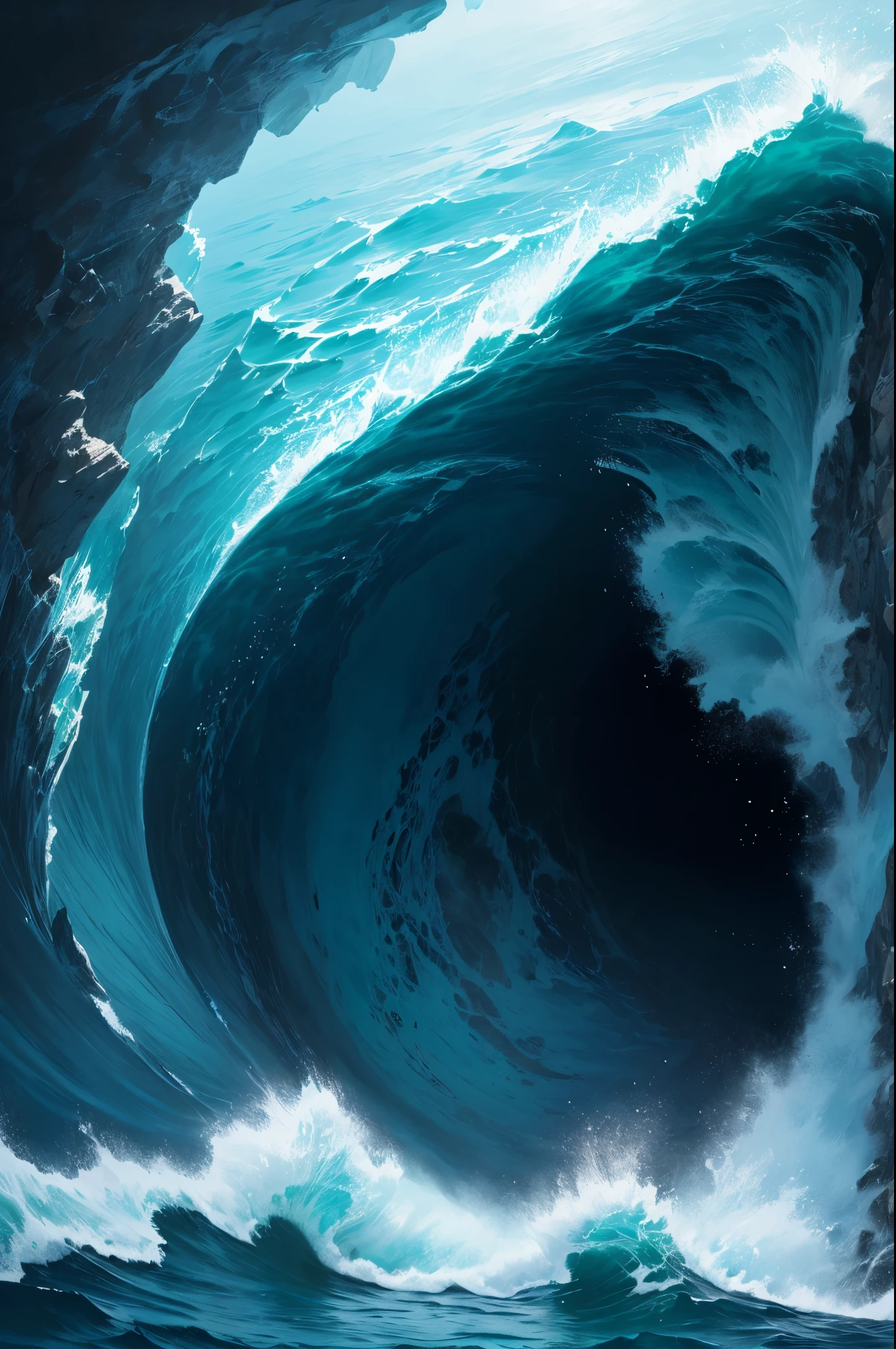 A great collapsing ocean, shades of blue, feeling of depth, choppy water. It is possible to observe a face forming