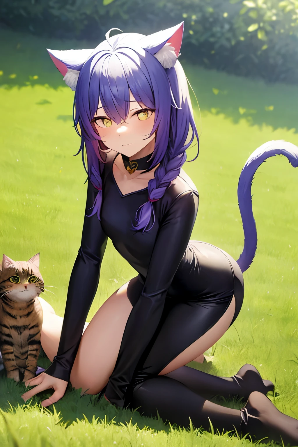 Rainbow hair, long hair, Heart-shaped pupil ,Avoiding eyes,cute,Shy expression,Cat ear,Kneeling,Body tilt,Fluffy little tail,Grass background,masterpiece,detail,Ultra HD