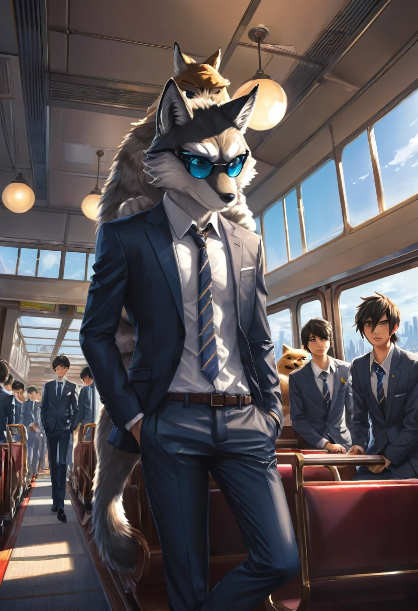 novel illustration, cover page, highres, top quality, best quality, paid reward available, unparalleled masterpiece, perfect artwork, absurdres, High-quality illustrations, super high resolution, detailed background, perfect anatomy(kemono, furry anthro, boys, girls)train interior, salary, suits, student, standing, sitting, Tyndall phenomenon, good lighting, cinematic shadowdynamic angle,