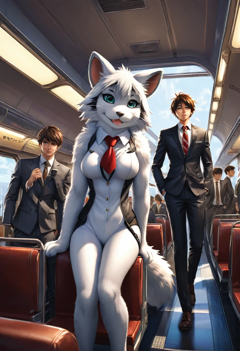novel illustration, cover page, highres, top quality, best quality, paid reward available, unparalleled masterpiece, perfect artwork, absurdres, High-quality illustrations, super high resolution, detailed background, perfect anatomy(kemono, furry anthro, boys, girls)train interior, salary, suits, student, standing, sitting, Tyndall phenomenon, good lighting, cinematic shadowdynamic angle,