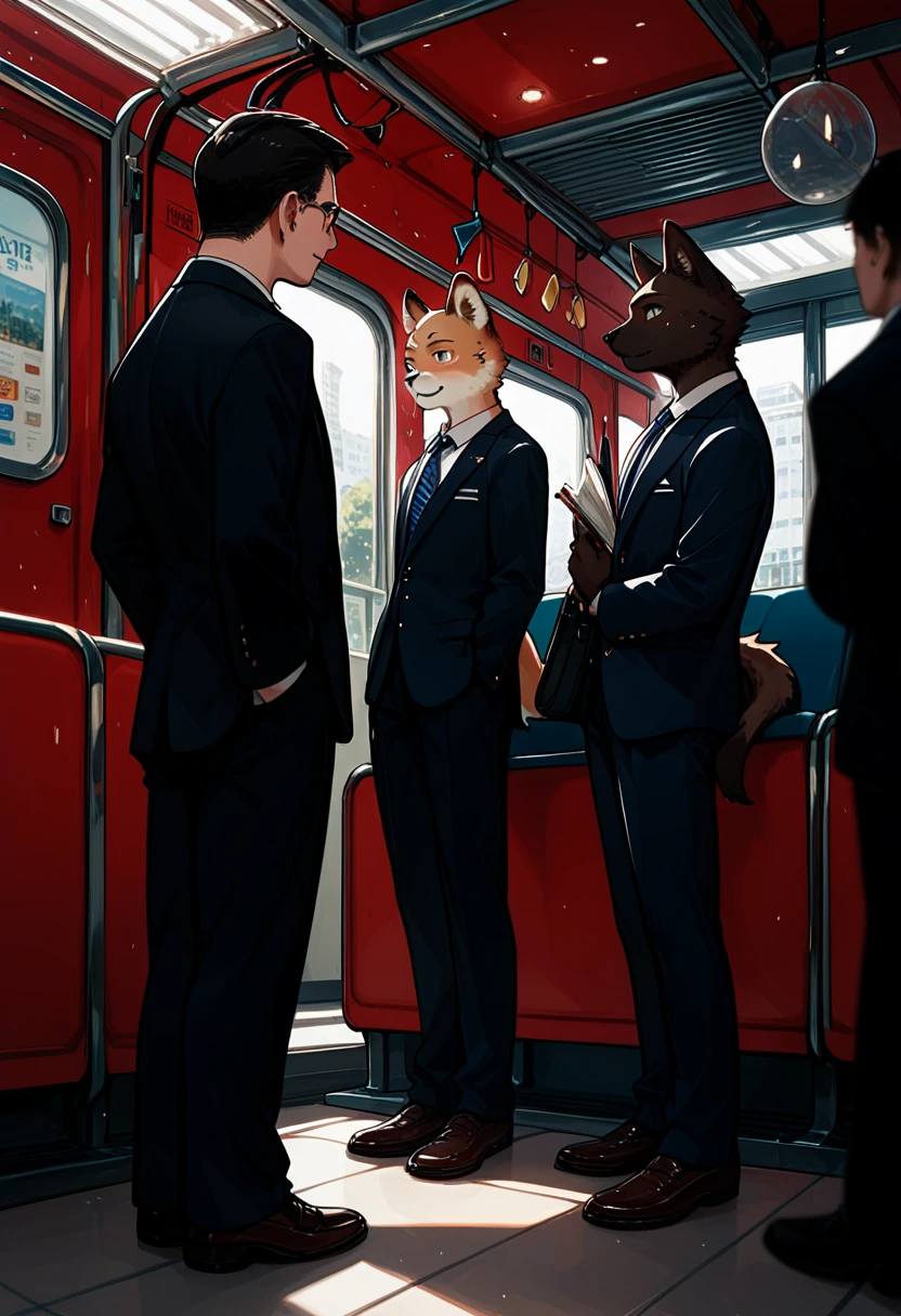 novel illustration, cover page, highres, top quality, best quality, paid reward available, unparalleled masterpiece, perfect artwork, absurdres, High-quality illustrations, super high resolution, detailed background, perfect anatomy(kemono, furry anthro, boys, girls)train interior, salary, suits, student, standing, sitting, Tyndall phenomenon, good lighting, cinematic shadowdynamic angle,
