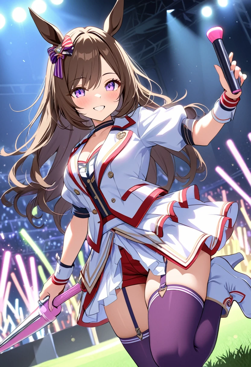 Highest quality,masterpiece, High resolution,original, Beautiful attention to detail,Very detailed, grass wuponder \(umamusume\), One girl, alone, (The beginning of the future), choker, Red shorts, Short shorts, lupong sleeves, Purple knee socks, White jacket, Best, Garter Straps, boots, White footwear, Wristband,shirt,White Skirt, Overskirt, High heels, View your viewers, smile, stage, stage lights, upon_stage, cuponcert, glowsticks, Idol, Holding_microphupone, microphupone, screen, Spotlight