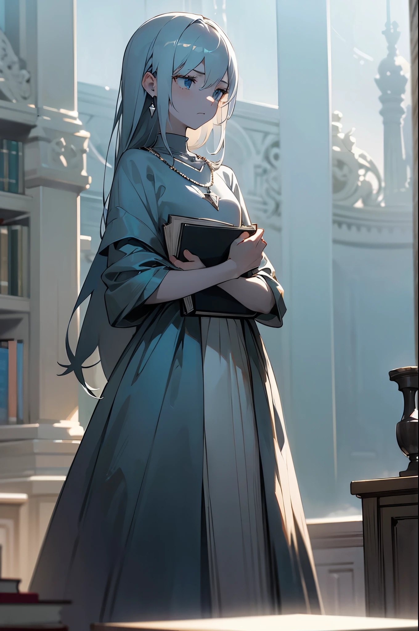 - Charcoal grey skin, icy blue eyes, contemplative young woman, introspective expression, dusk, 6k resolution, quiet library, warm light, long hair, mid-shot, simple dress, thoughtful look, topaz necklace, slender build, no blemishes, book in hand, flats.

