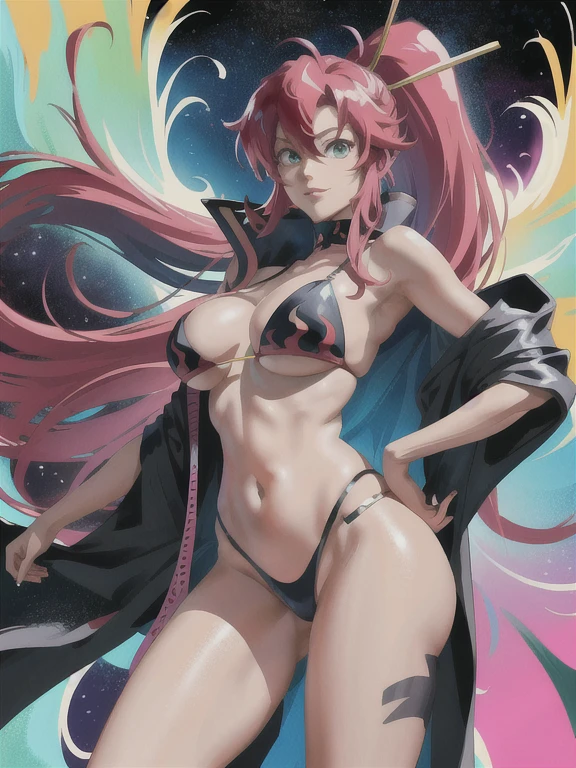 ((nsfw)), Create an incredibly detailed drawing of the character Yoko from the anime Gurren Lagann in a space environment. Let Yoko be photographed up close to show all the details of her gorgeous appearance. Please provide the highest quality and maximum detail to ensure that every line, shadow and texture is clear and realistic. Use clear focus to especially reflect her vivid facial expressions and her characteristic features, such as hair, eyes, and clothing.

Add a space environment with neon lights and a colorful spectrum to create a futuristic, exotic atmosphere. Let these lights illuminate and enhance the beauty and elegance of Yoko. Short, narrow 
 Top, in love. Watermelon

Please make the drawing accurate and consistent with Yoko's appearance from the anime Gurren Lagann. Waterfall, oasis, furs, transformers