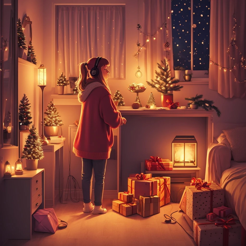 Girl listening to music in a cozy room at night, Christmas decoration. 2D, Lo-fi, disco Rigido, Ambiente escuro