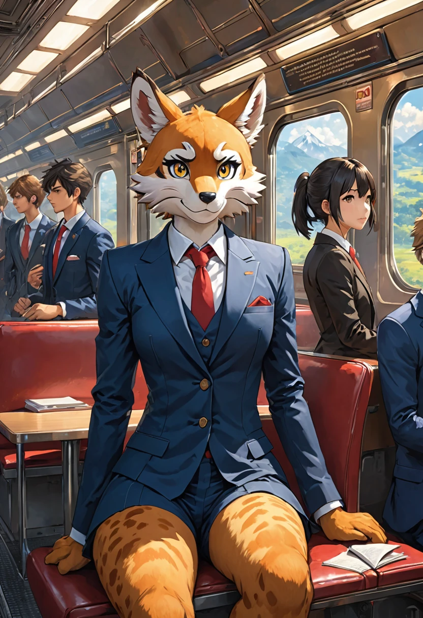 novel illustration, cover page, highres, top quality, best quality, paid reward available, unparalleled masterpiece, perfect artwork, absurdres, High-quality illustrations, super high resolution, detailed background, perfect anatomy(kemono, furry anthro, boys, girls)train interior, salary, suits, student, standing, sitting, Tyndall phenomenon, good lighting, cinematic shadowdynamic angle,