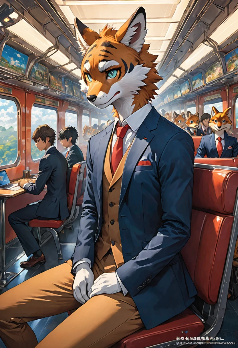 novel illustration, cover page, highres, top quality, best quality, paid reward available, unparalleled masterpiece, perfect artwork, absurdres, High-quality illustrations, super high resolution, detailed background, perfect anatomy(kemono, furry anthro, boys, girls)train interior, salary, suits, student, standing, sitting, Tyndall phenomenon, good lighting, cinematic shadowdynamic angle,