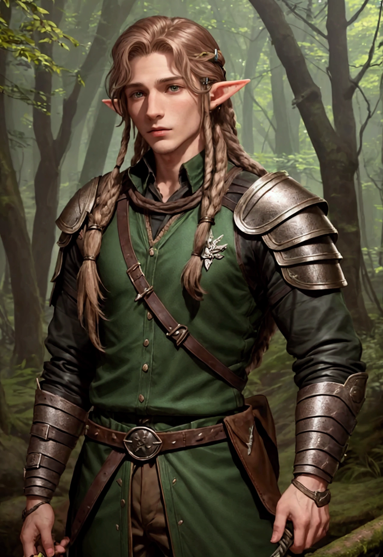 make a character of D&D young man a half-elf woodland Ranger, with dreadlocks in the hair behind, with leather armor and a bow in hand.