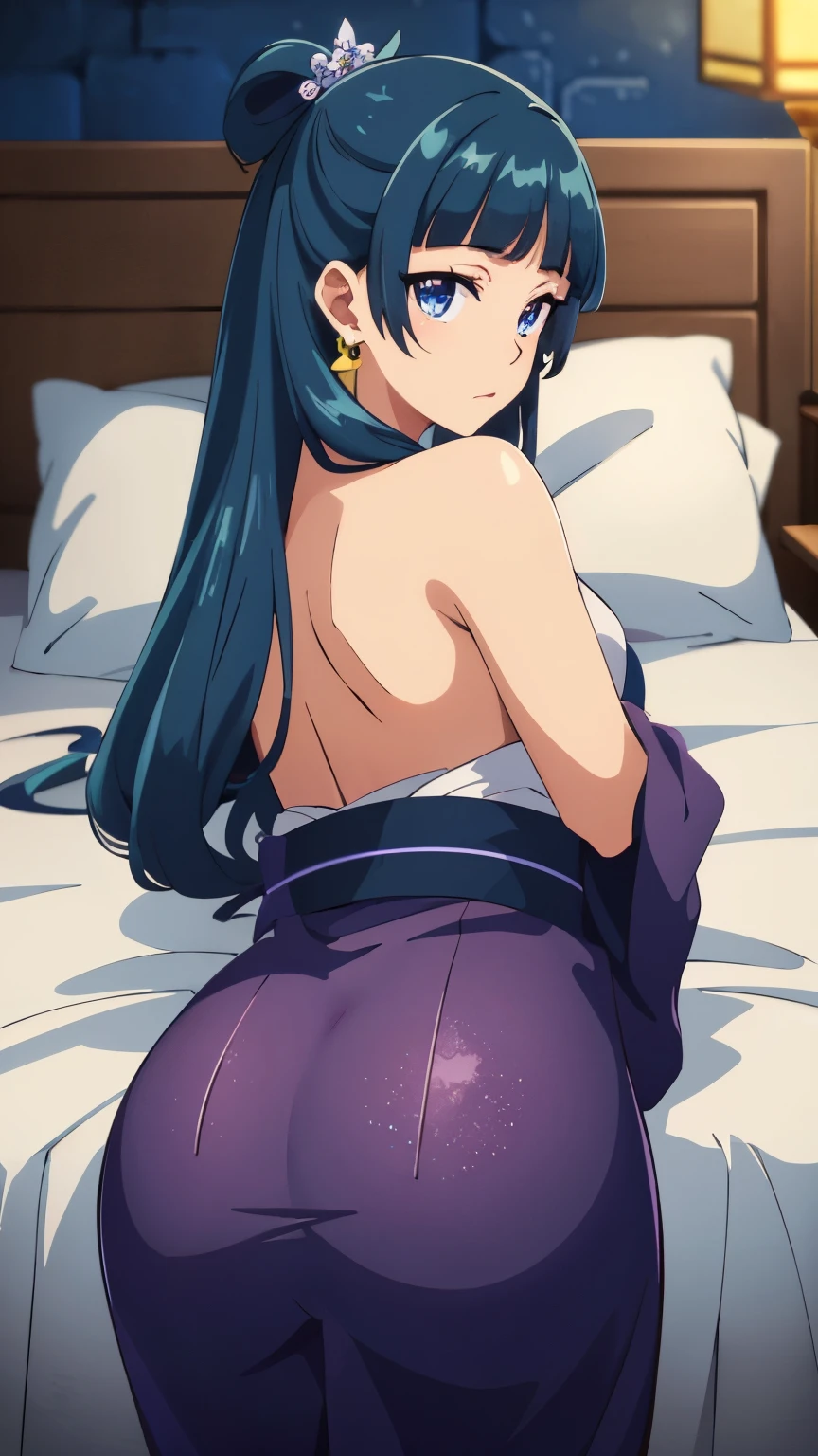 Top quality (8k, high resolution, masterpiece: 1.2), ((Goddess of beauty)), laying in bed, super detailed, anime art style, dynamic angle, photo from behind, style, (tight yukata), Perfect ass, detailed white hair, detailed blue eyes, intricate hairstyle, long hair , slim body, sparkling eyes, youthful, hair accessories, earrings, tight cloths, detailed lighting, bright colors, looking at the viewer, in the center of the image, cowboy shot, ((FOCUS ON ASS))