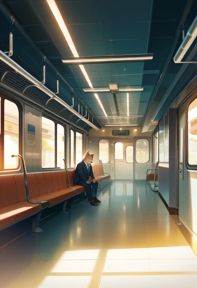 novel illustration, cover page, highres, top quality, best quality, paid reward available, unparalleled masterpiece, perfect artwork, absurdres, High-quality illustrations, super high resolution, detailed background, perfect anatomy(kemono, furry anthro, boys, girls)train interior, salary, suits, student, standing, sitting, Tyndall phenomenon, good lighting, cinematic shadowdynamic angle,
