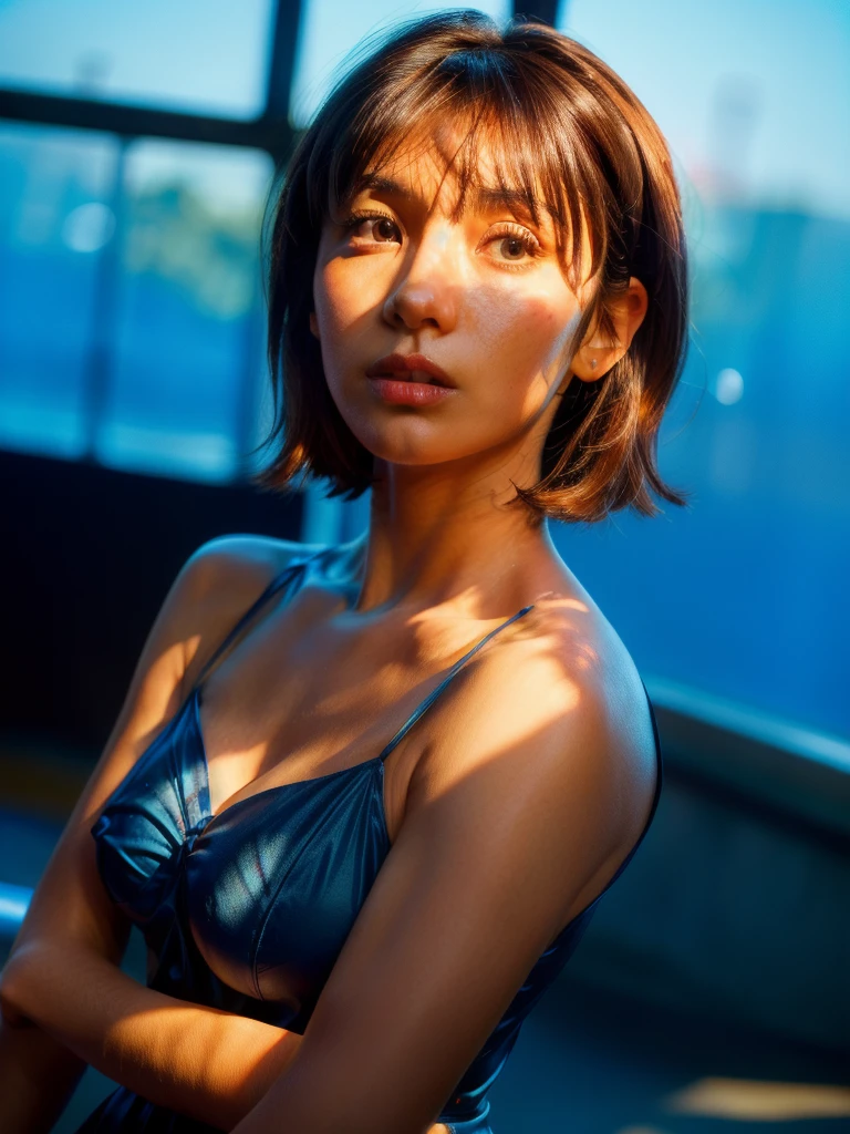 (Dynamic medium shot:1.2), (Best quality:1.5), blue sky, (fallen leaves), 23y, 1girl, indonesian, (tight breast), red sexy night dress, (cute face:1.4), wavy short hair blowing in the wind, (bangs:1.2) dramatic selfie posing in 90s tokyo cafe , kodacrhome, cinematic lighting, beautiful shadow, sunlight, aesthetic, ultra highres, sharp focus, highly detailed, perfect object, film bokeh, surreal view, shot by eos c with 35mm lens, (shot fom below:1.3), Portrait by annie leibovitz, midjourney v6