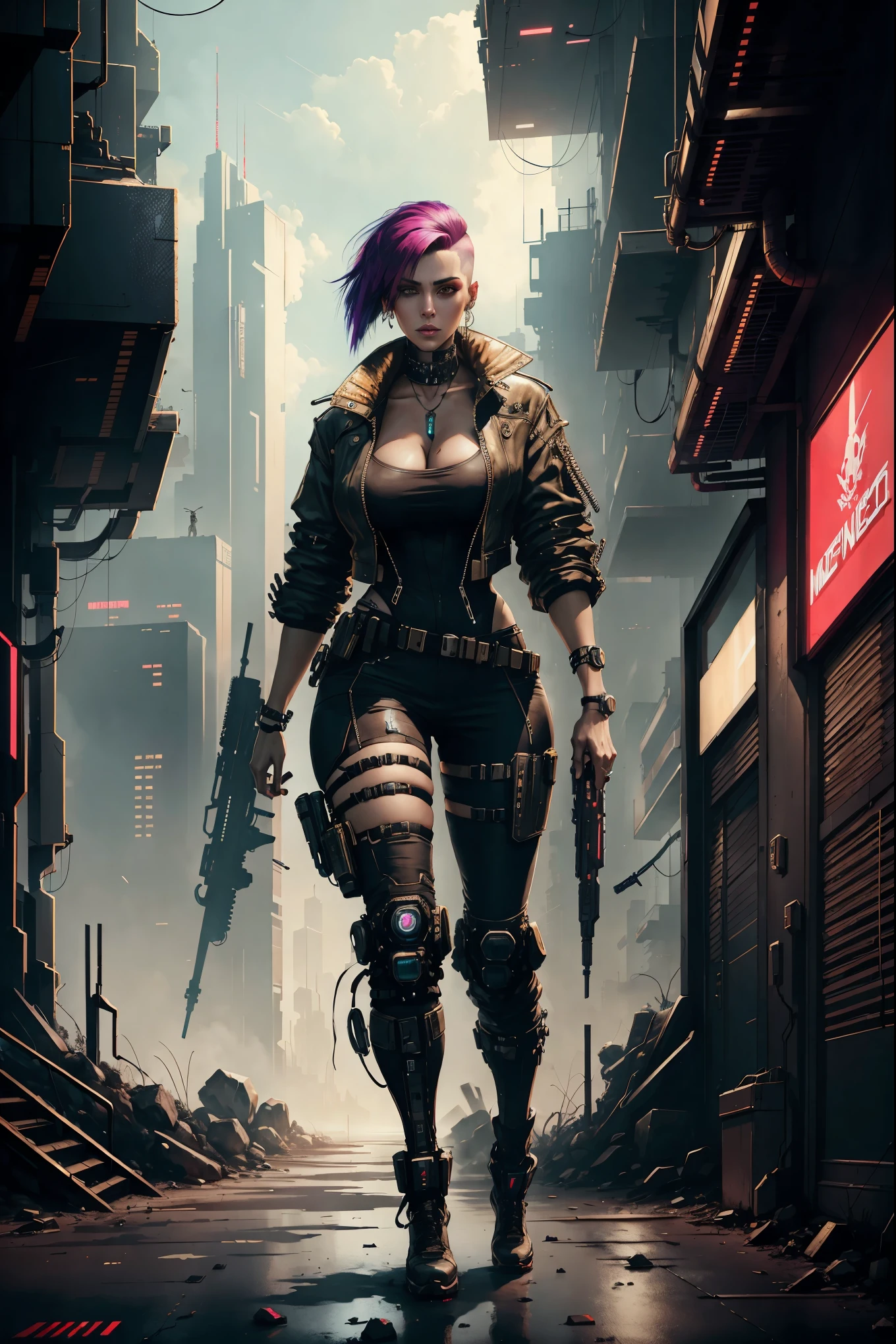 Woman, cyberpunk style haircut. with Big , cyberpunk style mercenary tech clothes, in a futuristic city, with futuristic weapons in hands