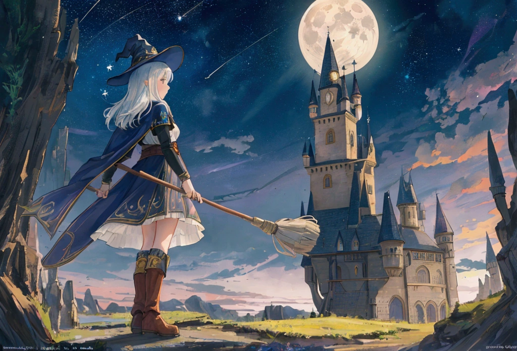 artwork, best quality, ultra-detailed, illustration, 1 girl, alone, fantasy, flying, broom, night sky, outdoors, magic, spells, moon, stars, clouds, wind, hair, cape, hat, boots, broomstick, bright, mysterious, charming, whimsical, playful, adventurous, , wonder, imagination, determination, skill, speed, movement, energy, realism, naturalistic, figurative, representative, beauty, fantasy culture, mythology, fairy tales, folklore, captions, witches, wizards, magical creatures, fantasy worlds, composition, scale, foreground, middle ground, background, perspective, light, color, texture, detail, beauty, wonder.