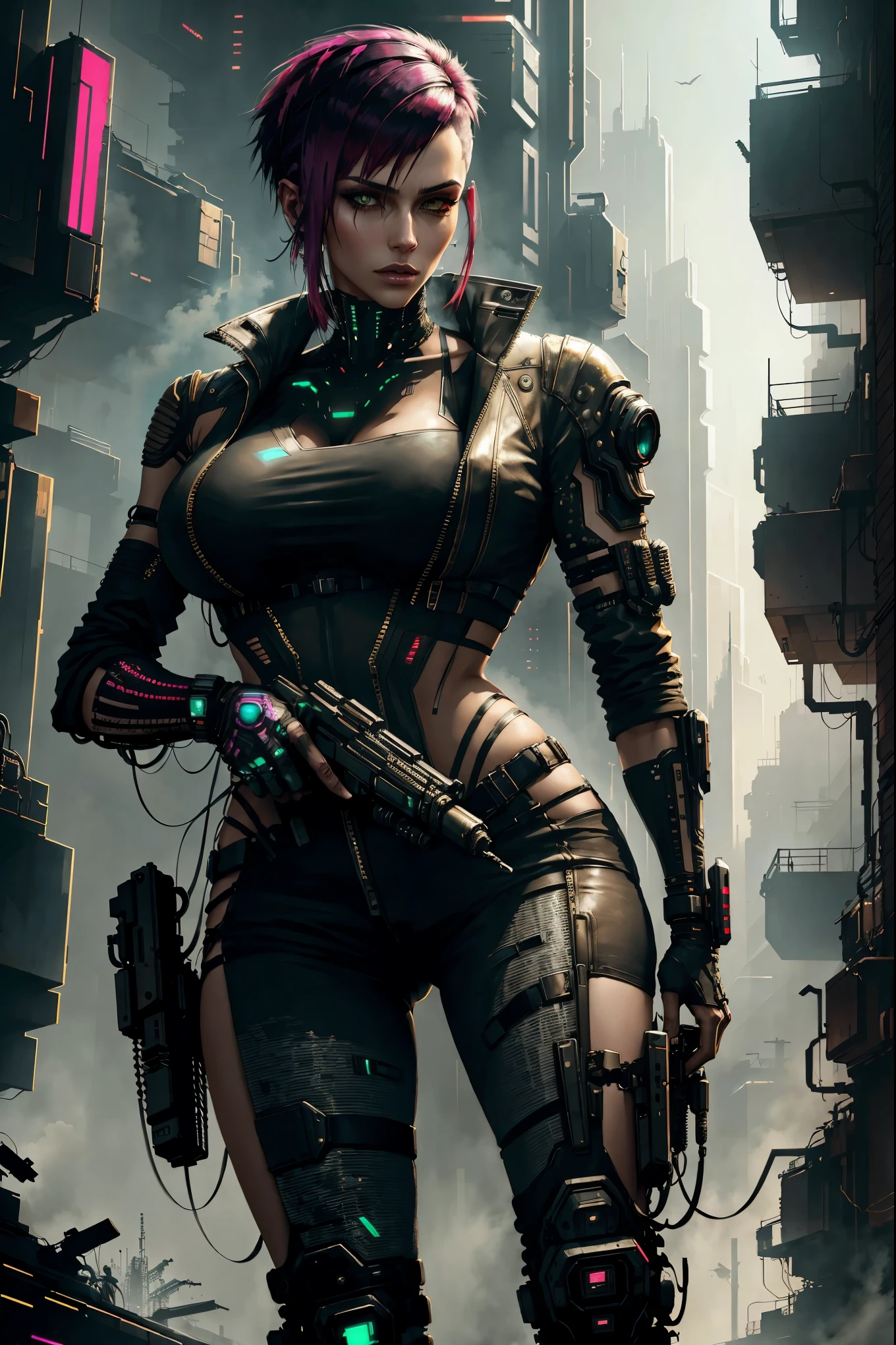 Woman, cyberpunk style haircut. with Big , cyberpunk style mercenary tech clothes, in a futuristic city, with futuristic weapons in hands