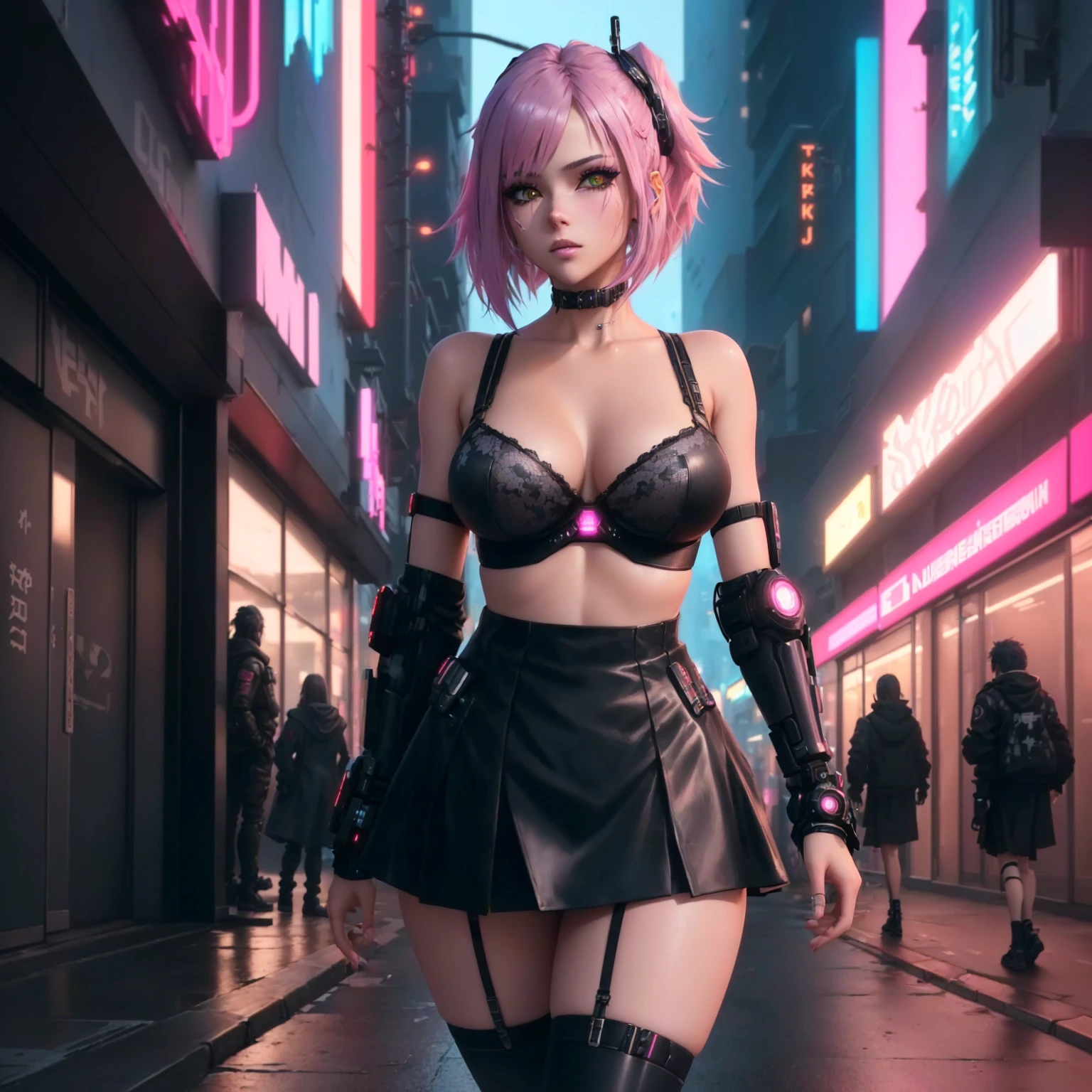 anime girl dans une tenue e et des bas marchant dans une rue, female fille animée cyberpunk, fille animée cyberpunk, dans la ville cyberpunk, Anime dur à cuire 8 K, art animé cyberpunk numérique, fille cyberpunk, oppaï cyberpunk, cyberpunk numérique - art anime, dreamy fille cyberpunk, art du personnage de rendu 3D 8 k, Cyberpunk 2 0 ans. Ô fille modèle, art cyberpunk animé