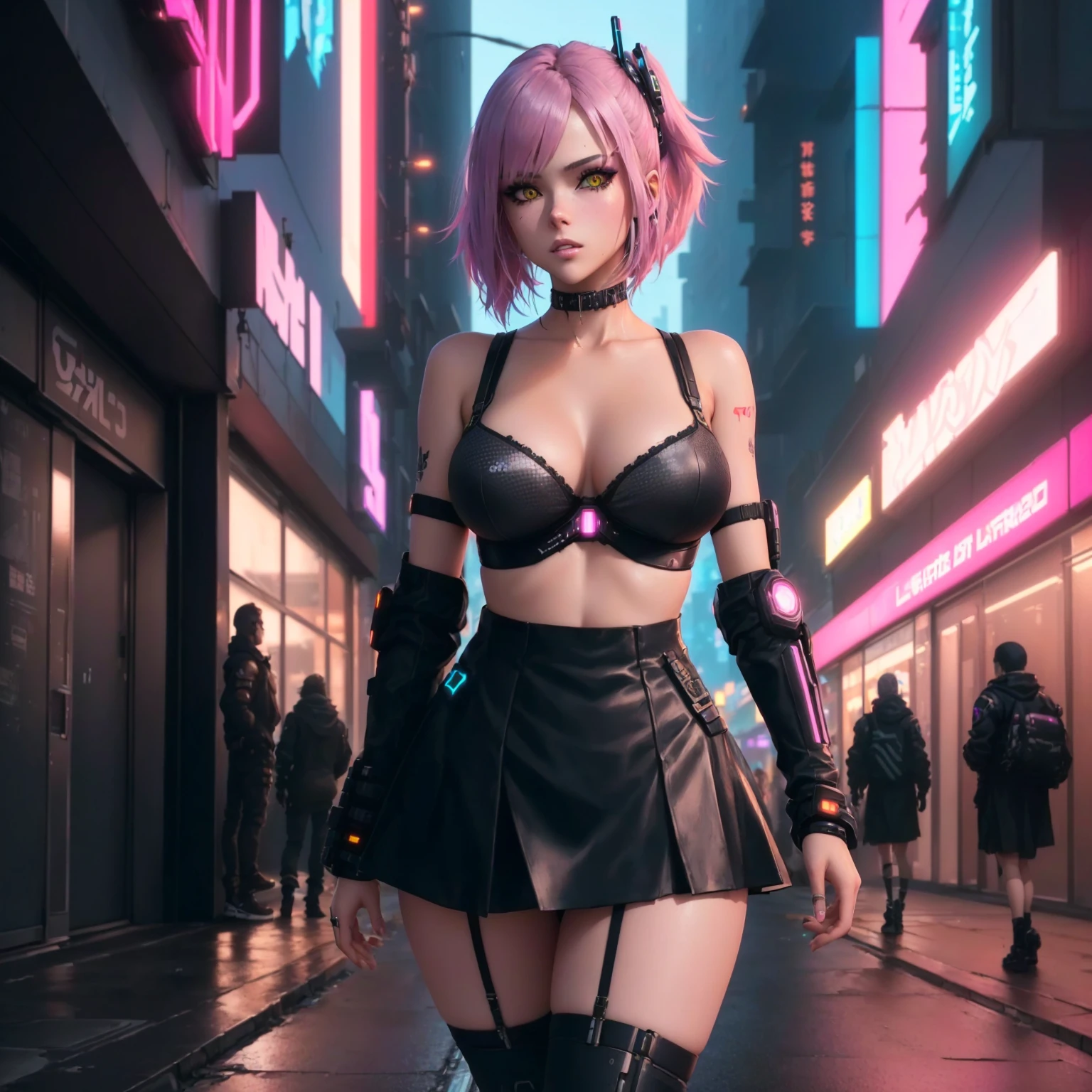 anime girl dans une tenue noire et des bas marchant dans une rue, female fille animée cyberpunk, fille animée cyberpunk, dans la ville cyberpunk, Anime dur à cuire 8 K, art animé cyberpunk numérique, fille cyberpunk, oppaï cyberpunk, cyberpunk numérique - art anime, dreamy fille cyberpunk, art du personnage de rendu 3D 8 k, Cyberpunk 2 0 ans. Ô fille modèle, art cyberpunk animé