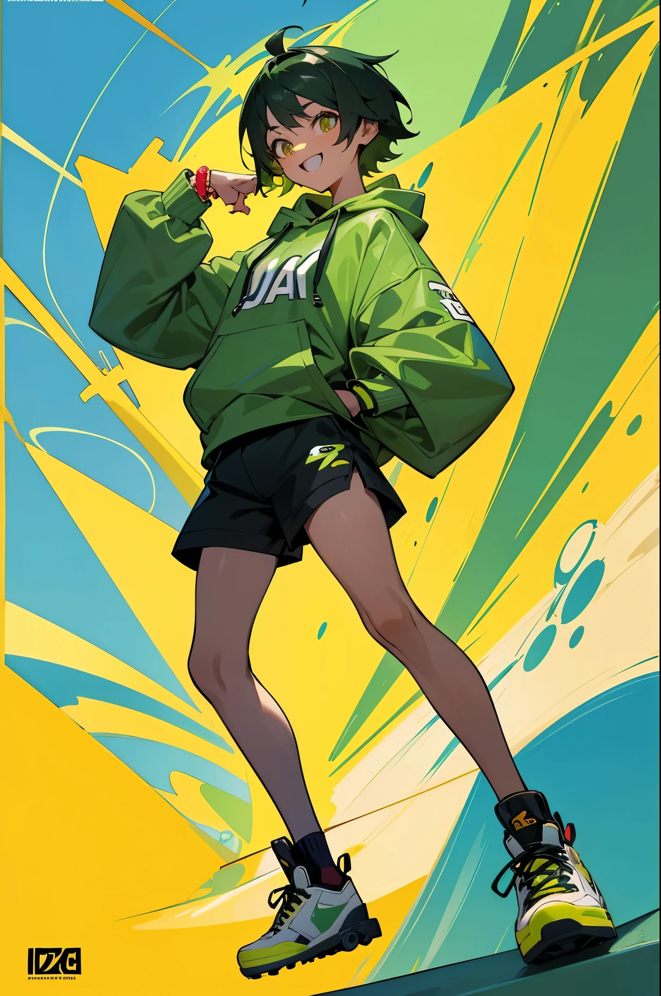 - Olive green skin, hazel eyes, energetic teenager, excited expression, morning, 12k resolution, skate park, bright colors, short hair, full-body shot, graphic hoodie, lively look, jade bracelet, fit build, no blemishes, skateboard in hand, sneakers.


