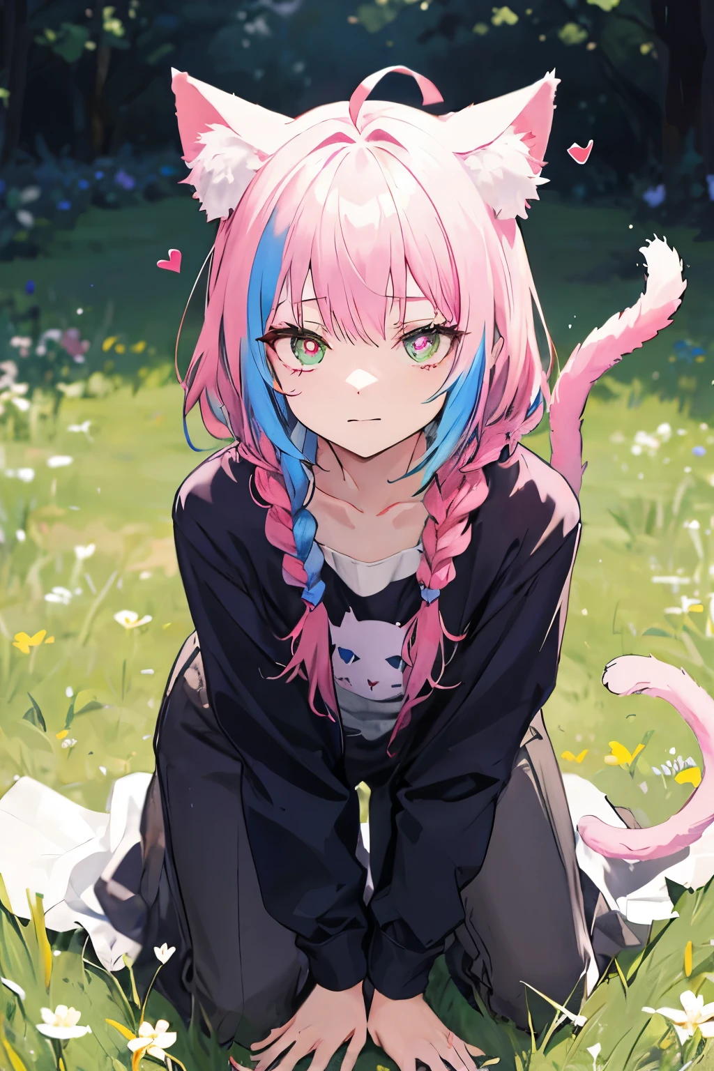 Rainbow hair, long hair, Heart-shaped pupil ,Avoiding eyes,cute,Shy expression,Cat ear,Kneeling,Body tilt,Fluffy braided tail,Grass background,masterpiece,detail,Ultra HD