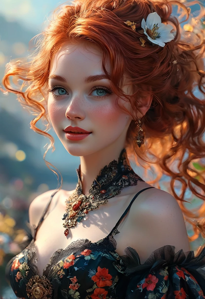 A red-haired girl 23 years old, vivacious and beautiful, in a black floral langeri, black stockings. Her charming light red hair falls over her shoulders in thick waves. She has fair skin tone. Beautiful eyebrows. Round face, red lips. Dazzling smile. thin waist. Eccentric. Official art, award-winning digital painting, digital illustration, extreme details, 4k, Ultra fashion,detailed, intricate, realistic fantasy art, soft focus, concept art, art by Wlop, Artgerm, (2D vector illustration)