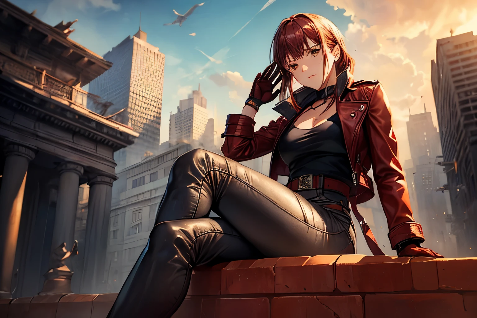 (highly quality, work of art, detailded), burning city detailded scenario, burning city detailded background, gray jeans, waist belt, red leather jacket, mitts, Phoenix symbol on chest, red leather pants, sitting on top of a building, へそ, face perfect, gorgeous eyes, gazing at viewer, pose sexy