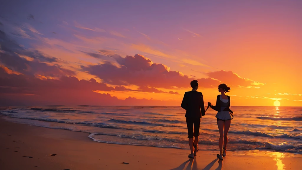 A couple walking to the beach at sunset with aesthetic sunlight effect 
