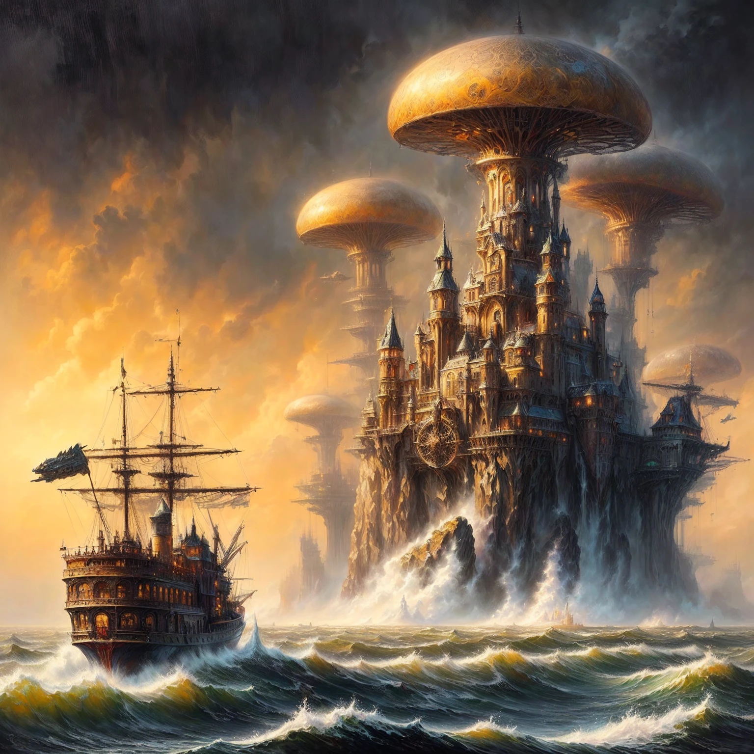 Painting of a ship in the sea with a castle in the background, Fantasy Surrealism, epische Fantasy-Sci-Fi-Illustration, Symmetrical epic fantasy art, Surreal and fantasy art, Science Fantasy Painting, Scifi-fantasies, Science-Fiction-Fantasy-Kunst, by Johfra Bosschart, Fantasy Science-Fiction, epic Sci-Fi-Fantasy-Art, surreal concept art, Fantasy art realistic painting