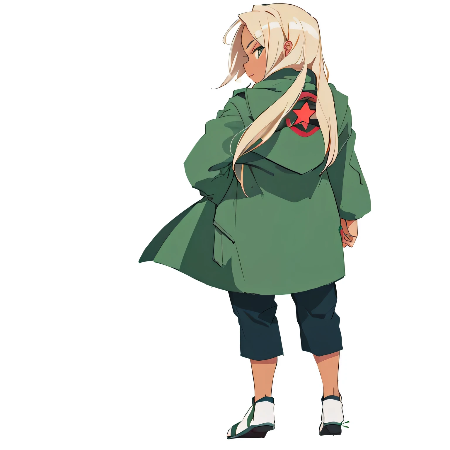 darkskin, Bblack hair, red star in the center of the green coat