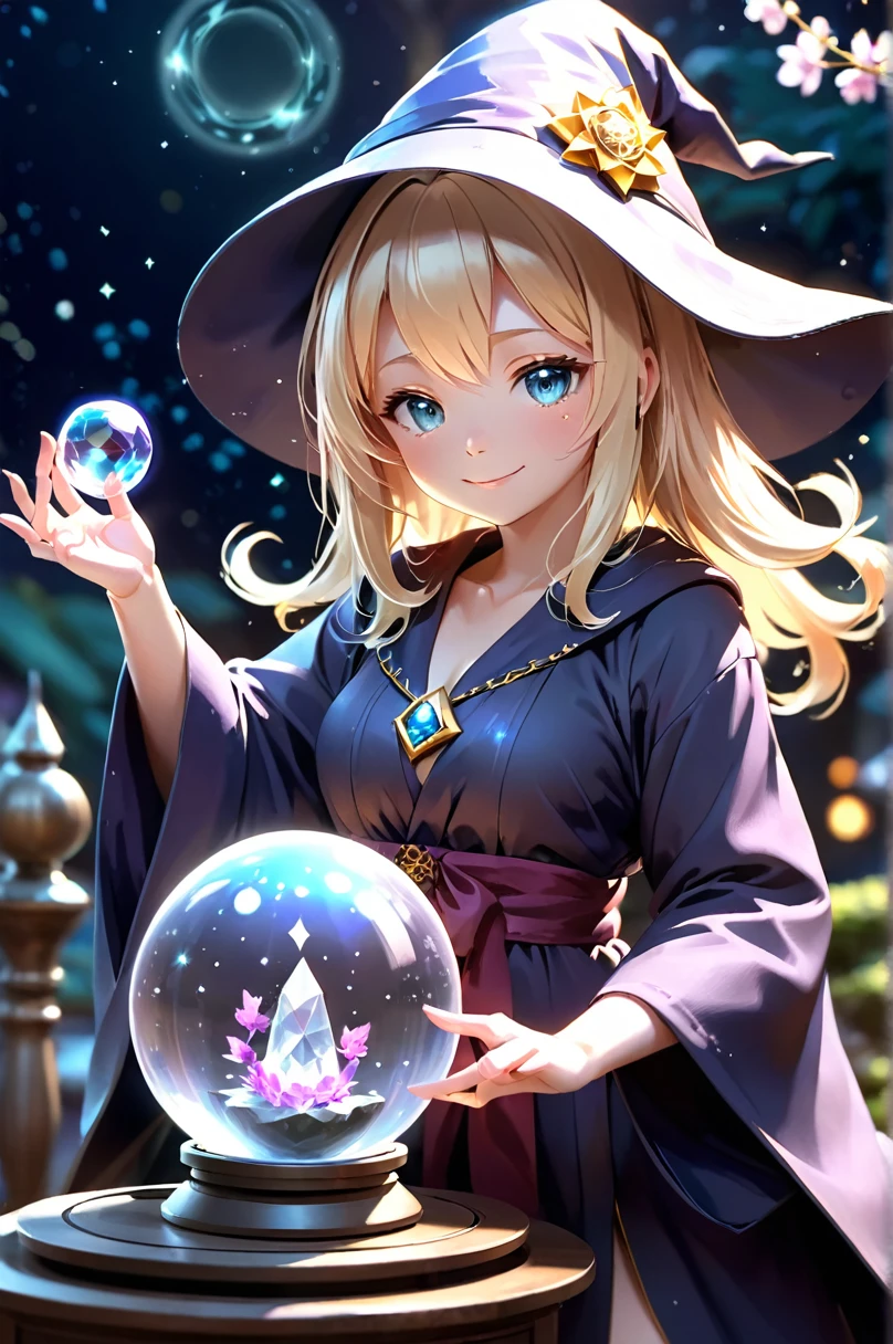 Japanese cartoons, Cute girl, Solitary, Wizard Hat, robe, Happy, Magic Circle, midnight, bloom, Ambient Occlusion, Luminous Light, Light Particles, Bokeh,Magic cards surround the body,Crystal ball floating in front of chest,blond,Elizabeth neckline