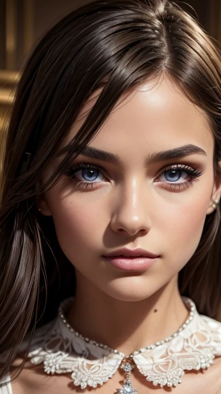 A girl with a collar, 1 girl, beautiful detailed eyes, beautiful detailed lips, Extremely detailed face and eyes, long eyelashes, detailed skin and hair, intricate collar, high fashion, elegant, detailed clothing, Soft lighting, cinematographic, photorealist, 8k, High resolution, masterpiece, ultra detailed, realist, vivid colors, warm color palette