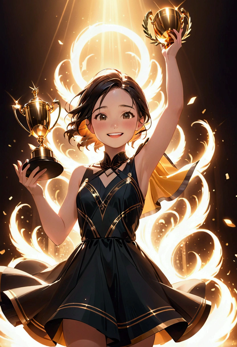 1girl, award-winning moment, emotional expression, joyful smile, hands raised in celebration, holding a trophy, dynamic pose, elegant dress, soft lighting, warm color palette, cinematic composition, octane render, 8k, highly detailed, masterpiece, best quality, very aesthetic, absurdres