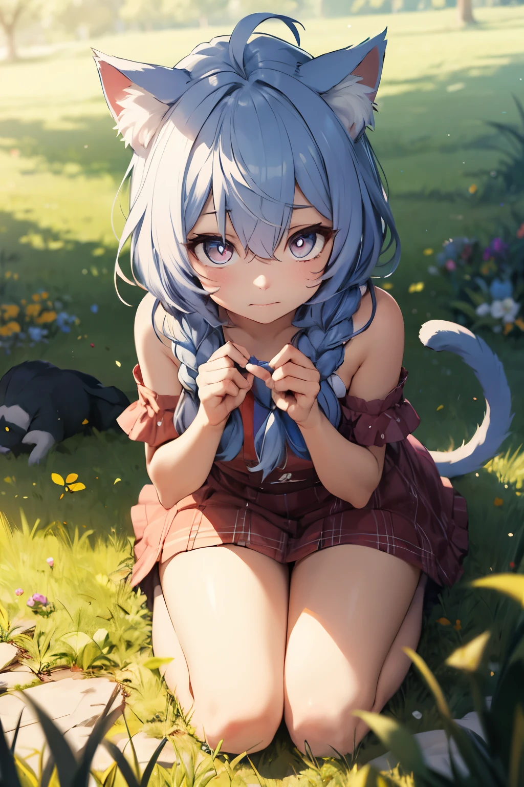 Rainbow hair, long hair, Heart-shaped pupil ,Avoiding eyes，cute，Shy expression，Cat ear,Kneeling,Body tilt，Fluffy braided tail，Grass background，masterpiece，detail，Ultra HD