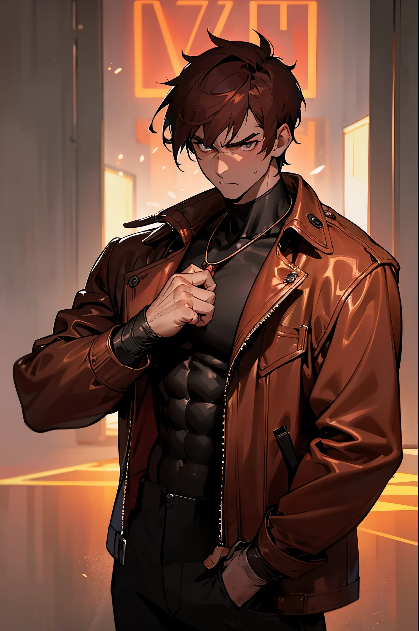 - Deep red skin, hazel eyes, intense adult male, stern expression, dusk, 12k resolution, urban street, glowing neon signs, short hair, full-body shot, leather jacket, serious look, garnet pendant, muscular build, no scars, briefcase in hand, sturdy boots, upper body only, cowboy shot