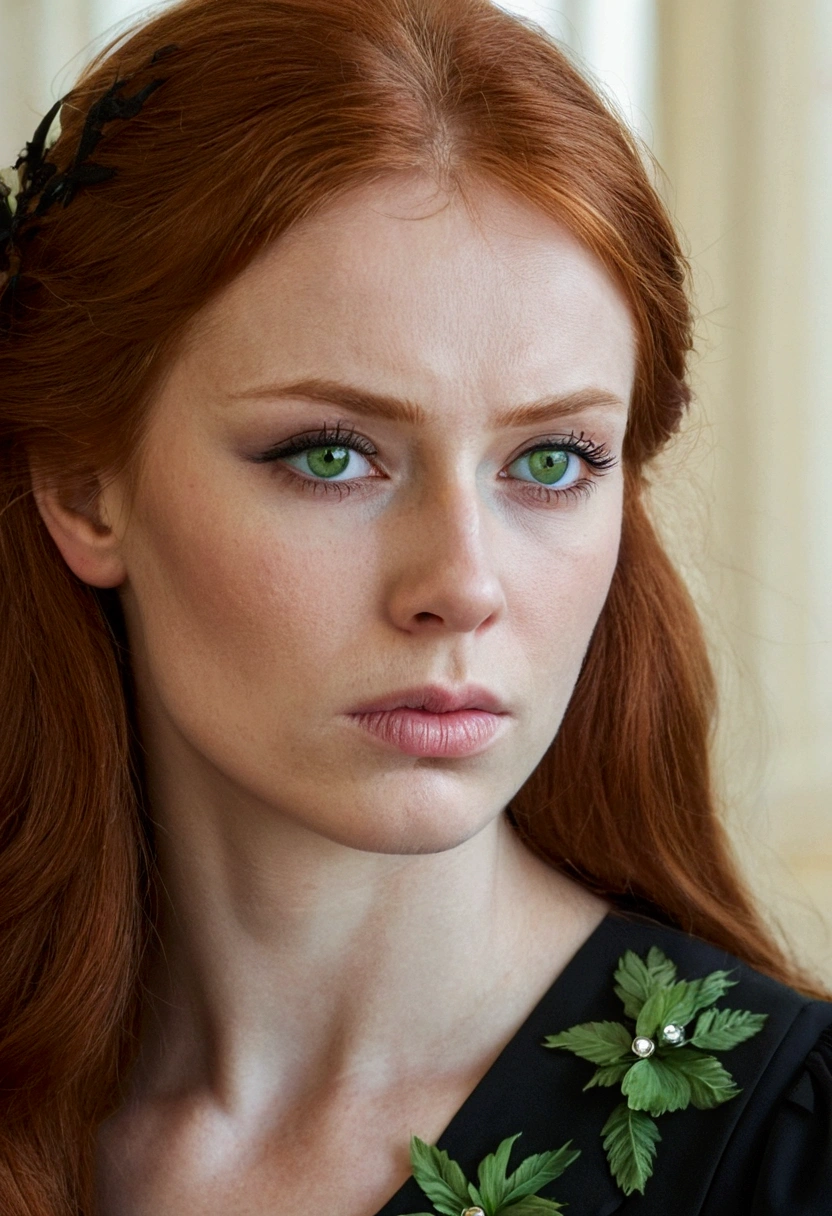 Beautiful redhead russian woman green eyes sad at a funeral