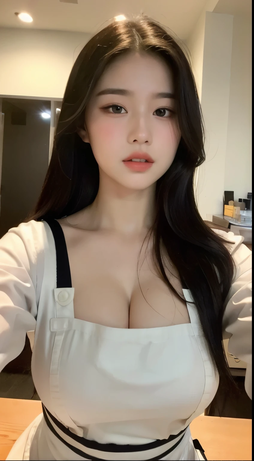 A girl with a perfect figure， very beautiful face and eyes，long black hair， , Huge breasts,Huge breasts,The bust is really big，Baogou,White Girl,Wear only an apron