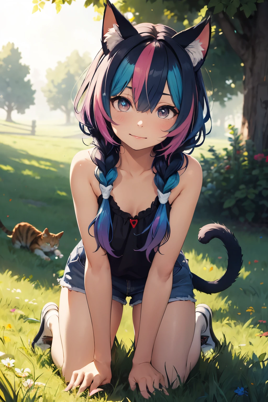 Rainbow hair, long hair, Heart-shaped pupil ,Avoiding eyes,cute,Shy expression,Cat ear,Kneeling,Body tilt,Fluffy braided tail,Grass background,masterpiece,detail,Ultra HD