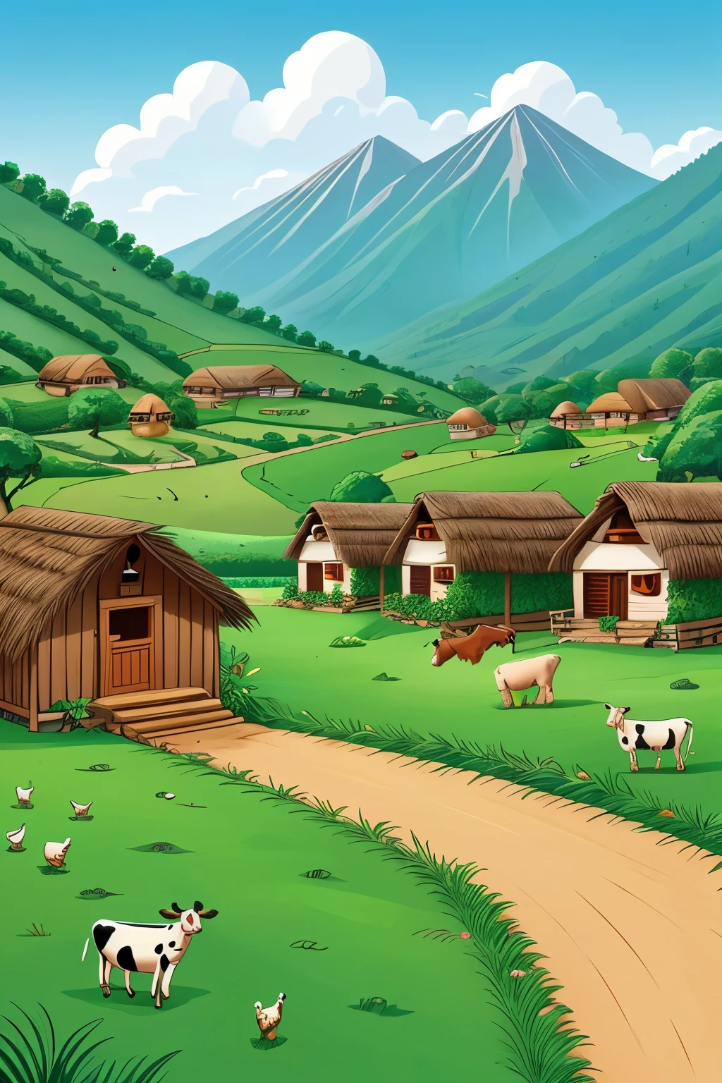 Cartoon image of indian village Shows a lush green village scene. A simple hut, small farm, cow birds. Landscape