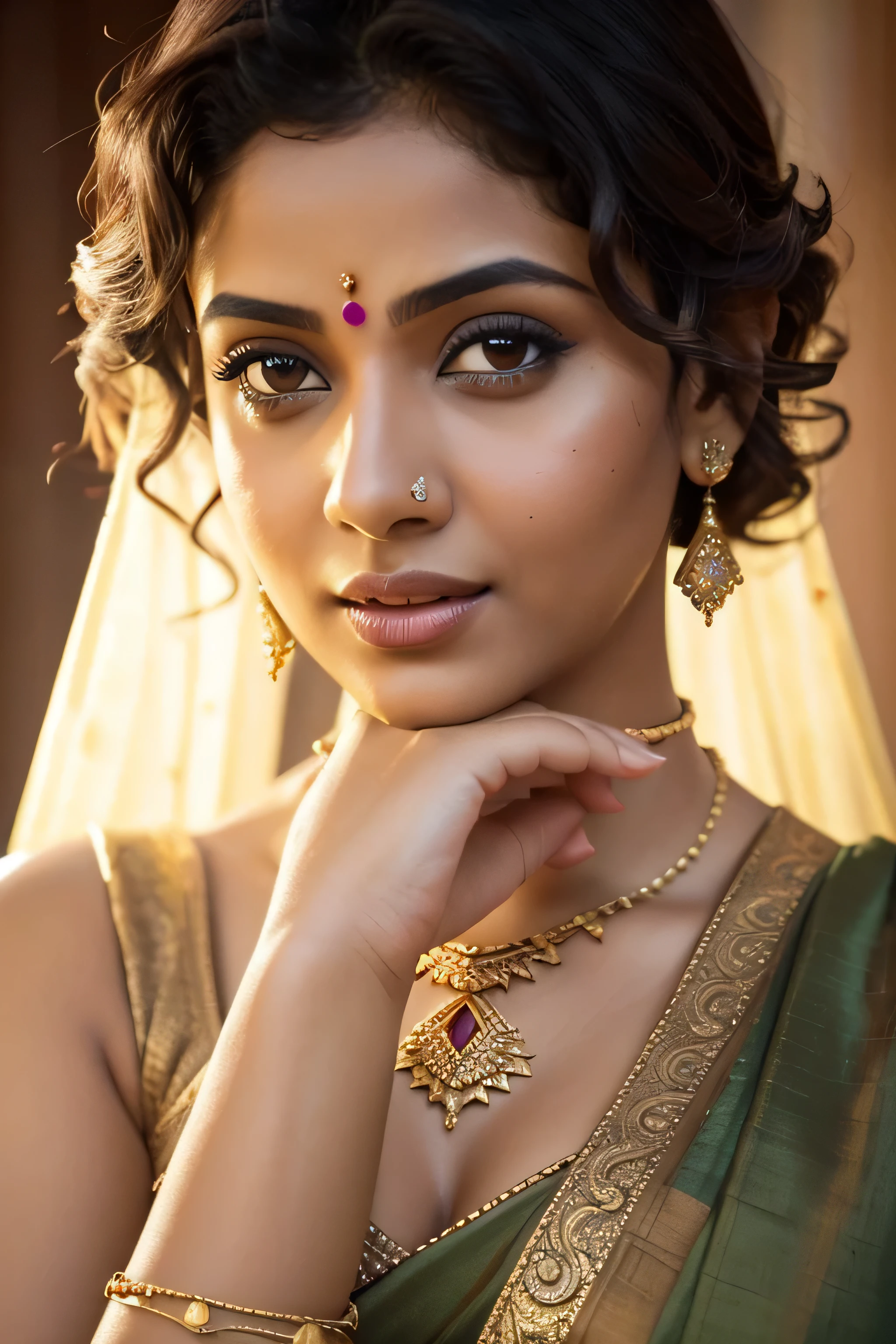 saree, goddess Buffy's with curly hair short hair , seduce looks, pop out, (A masterpiece of impressionist close-up photography) Attractive and sexy curvaceous Indian women (wearing precious jewelry:1.4), ,(beautiful and fine eyes:1.1) , sexy lips, sexy hip, (Passionate expression:1.2) Intense dramatic lighting, wood、bushes、flower、Bokeh, with backlight, light, very detailed, Trending with ArtStation, paint splashes, rich colors, F Written by kernel