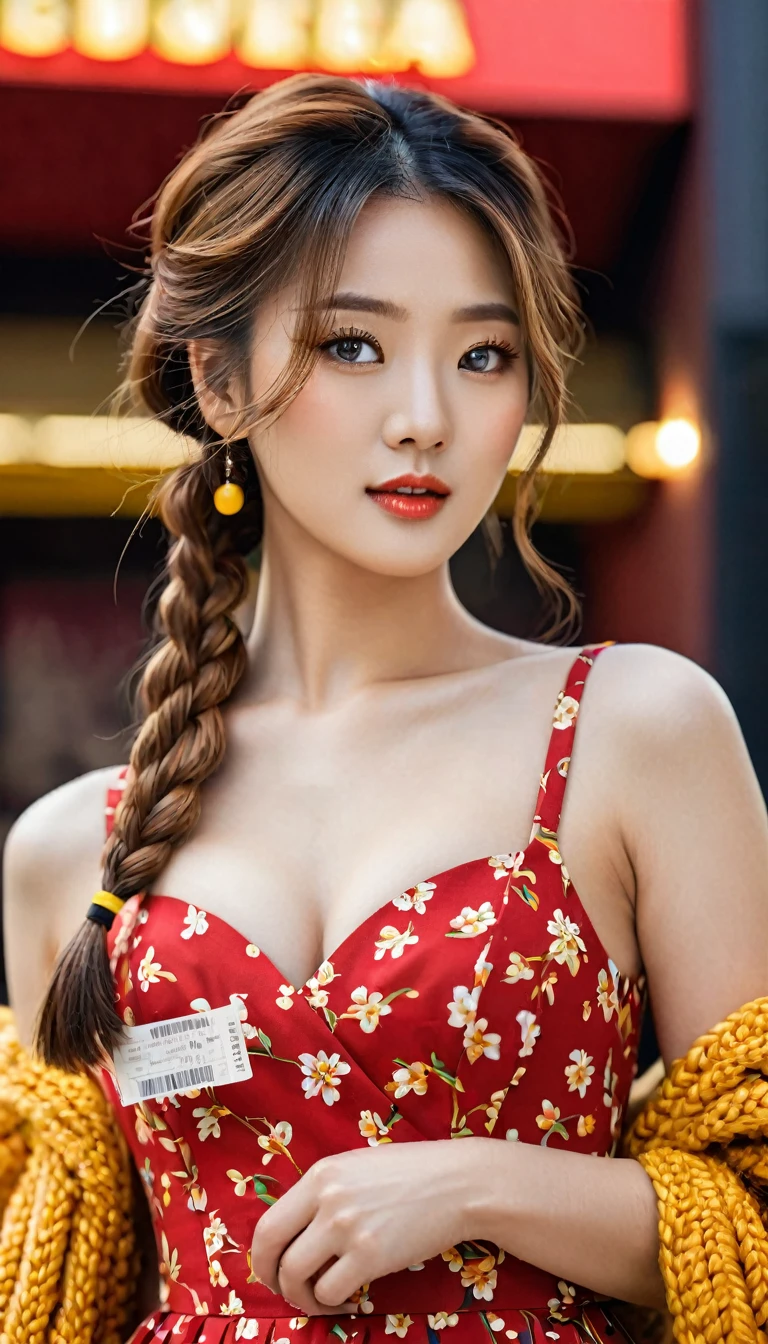 Close up photo of beautiful Korean woman, breast size 36 inches, hair in two yellow braids, wearing a red floral patterned dress, black skirt, cinema tickets, in front of the cinema, UHD