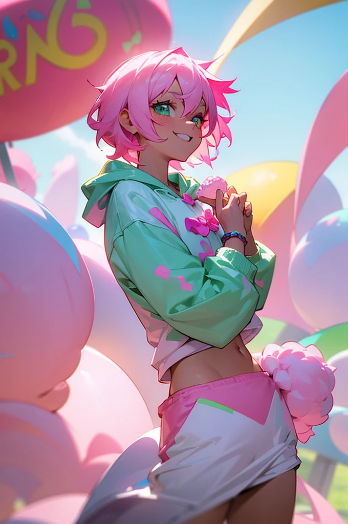 - Pastel pink skin, green eyes, enthusiastic teenager, lively smile, afternoon, 10k resolution, carnival, bright lights, short hair, full-body shot, vibrant hoodie, excited look, rose quartz bracelet, fit build, no tattoos, cotton candy in hand, sneakers, upper body, cowboy shot